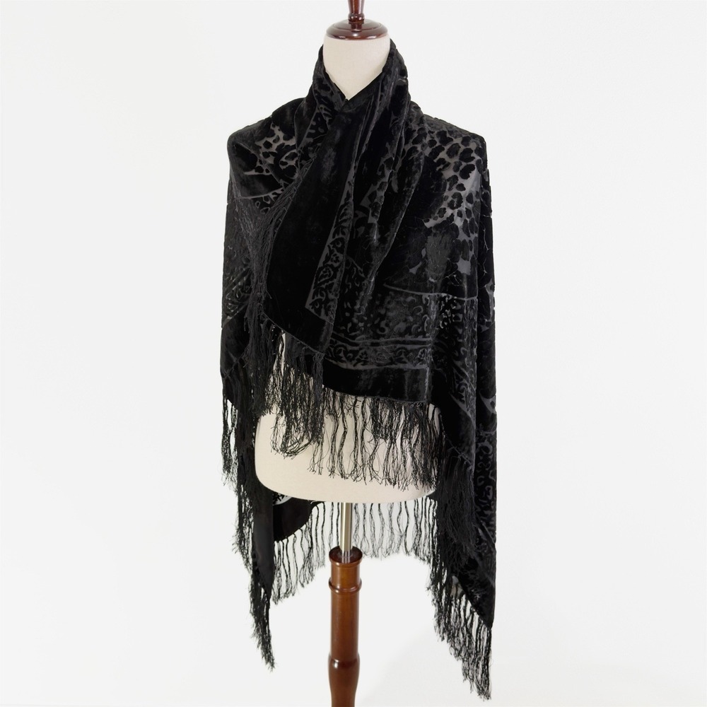VTG Onyx Nite Scarf Shawl One Size Black Floral Velvet Burnout Witchy Whimsigoth